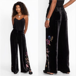 NWT JOHNNY WAS $328 (S) Steffania WIDE LEG EMBROIDERED VELVET PANTS BLACK